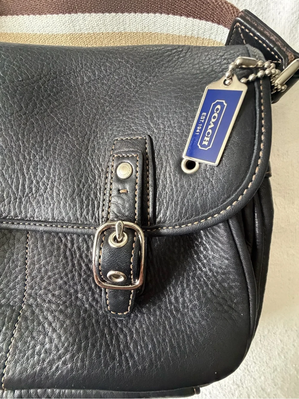 Vintage Coach Black Leather Crossbody Bag with Striped Strap for women